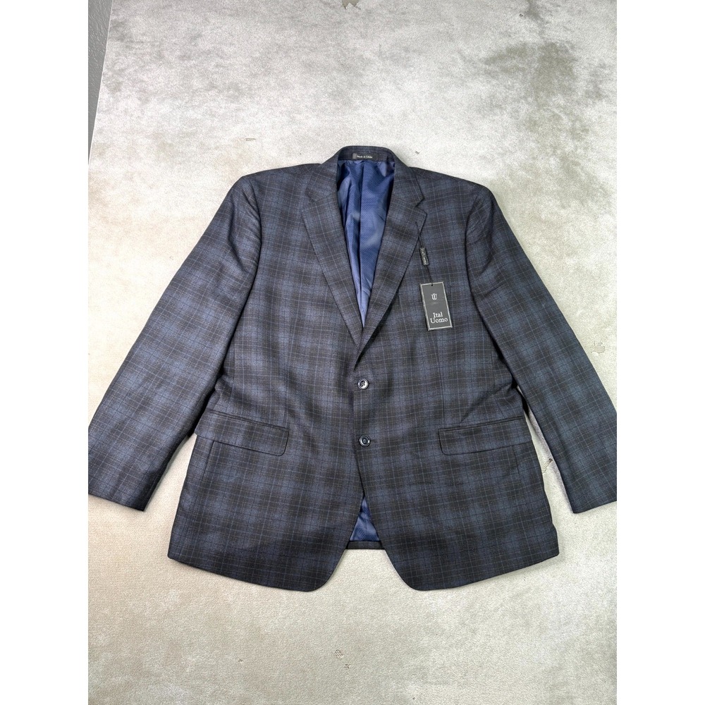 NWT Ital Uomo Giuseppe Sport Coat Men 48R Blue Gray Wool Plaid Windowpane Jacket